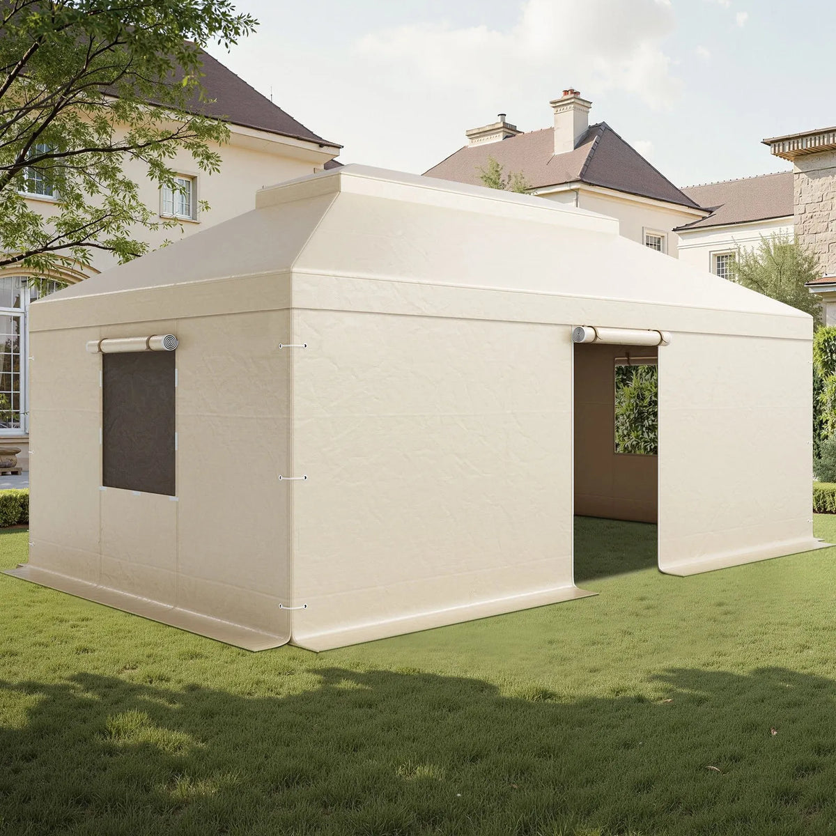 Winter Pavilion Cover for 3.66 × 6.10 m Hard Roof Gazebos, Double-Layer, with Walls and Mesh Windows, High-Density PE Material