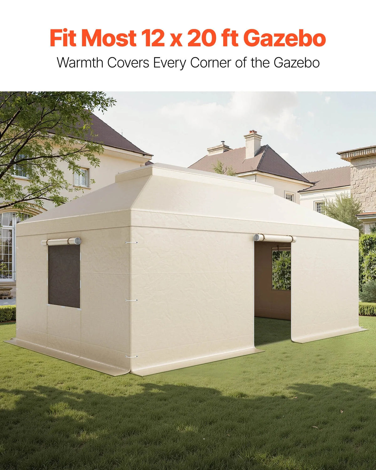 Winter Pavilion Cover for 3.66 × 6.10 m Hard Roof Gazebos, Double-Layer, with Walls and Mesh Windows, High-Density PE Material