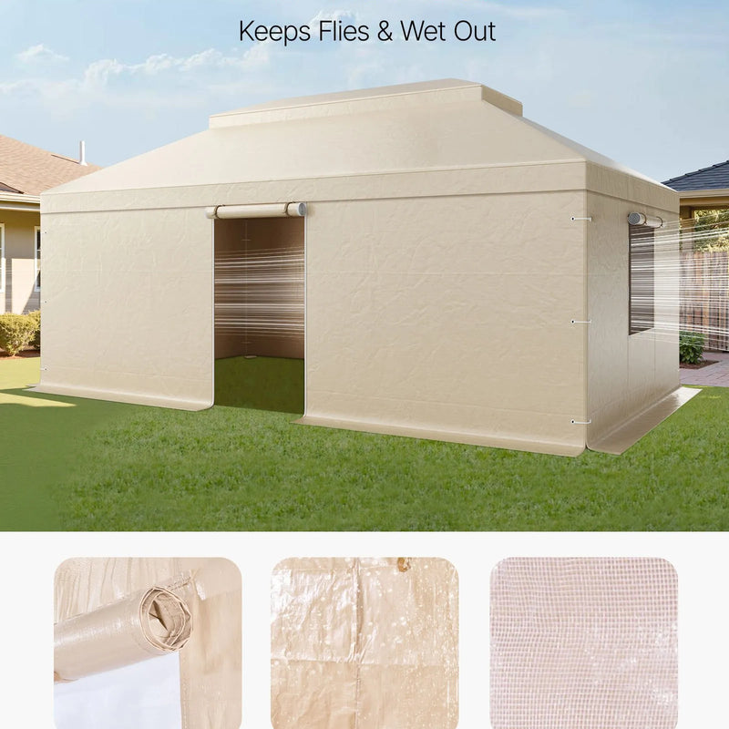 Ziemas paviljona pārsegs, piemērots 3,66 × 6,10 m cietā jumta paviljoniem, divslāņu, ar sienām un sieta logiem, augstas blīvuma PE materiāls