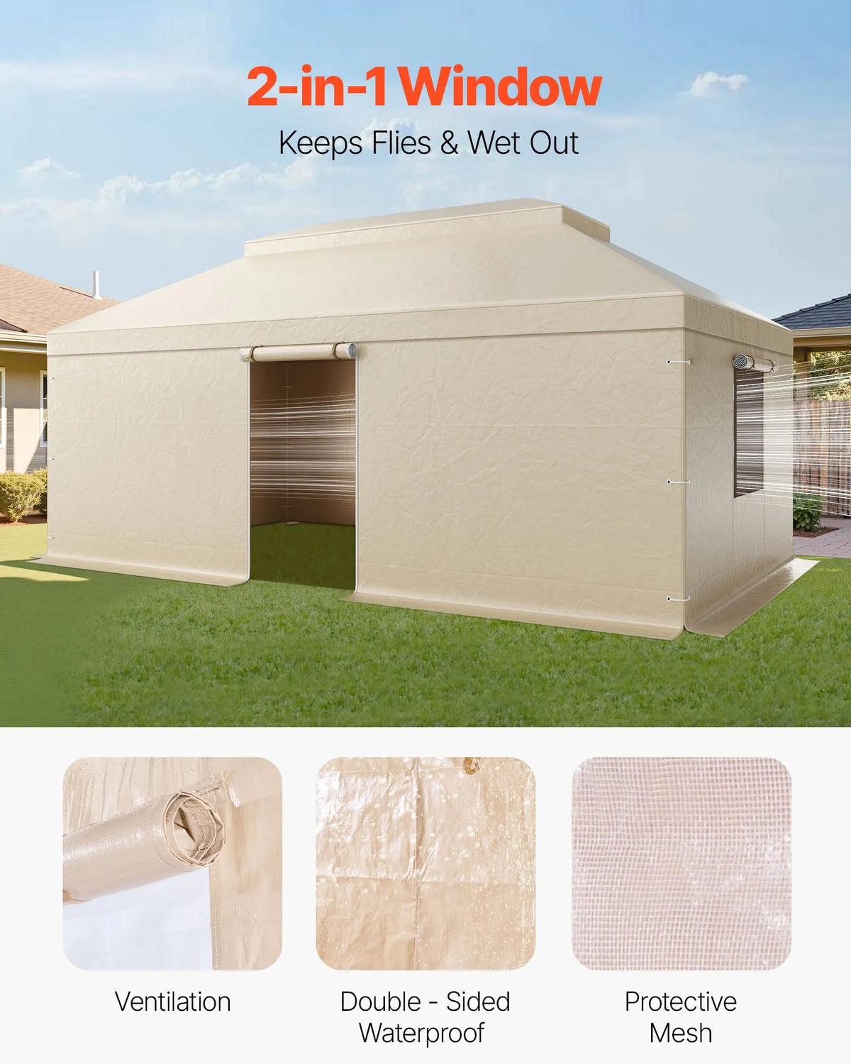 Winter Pavilion Cover for 3.66 × 6.10 m Hard Roof Gazebos, Double-Layer, with Walls and Mesh Windows, High-Density PE Material