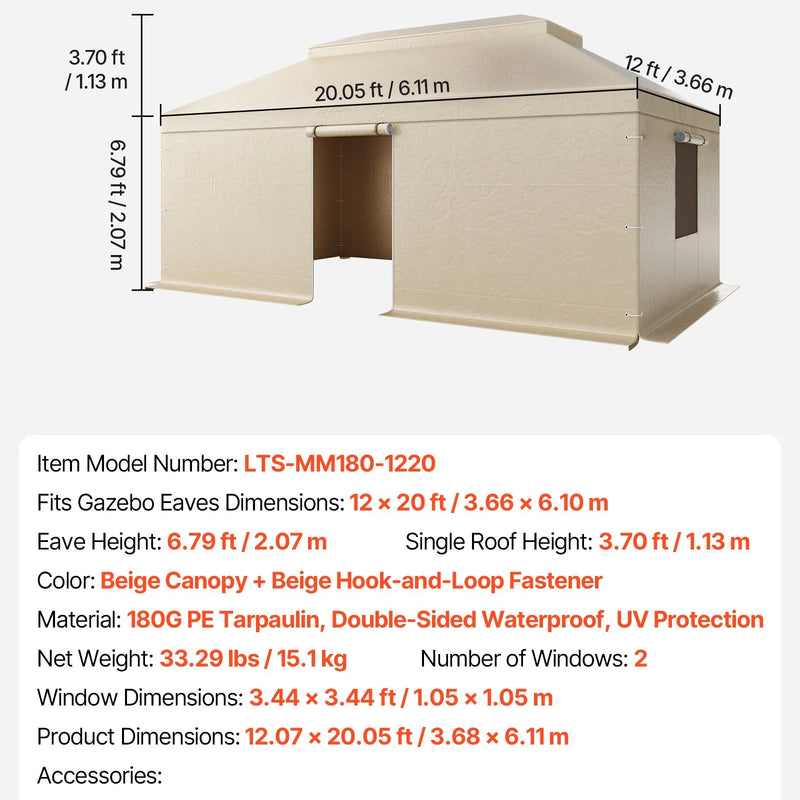 Ziemas paviljona pārsegs, piemērots 3,66 × 6,10 m cietā jumta paviljoniem, divslāņu, ar sienām un sieta logiem, augstas blīvuma PE materiāls
