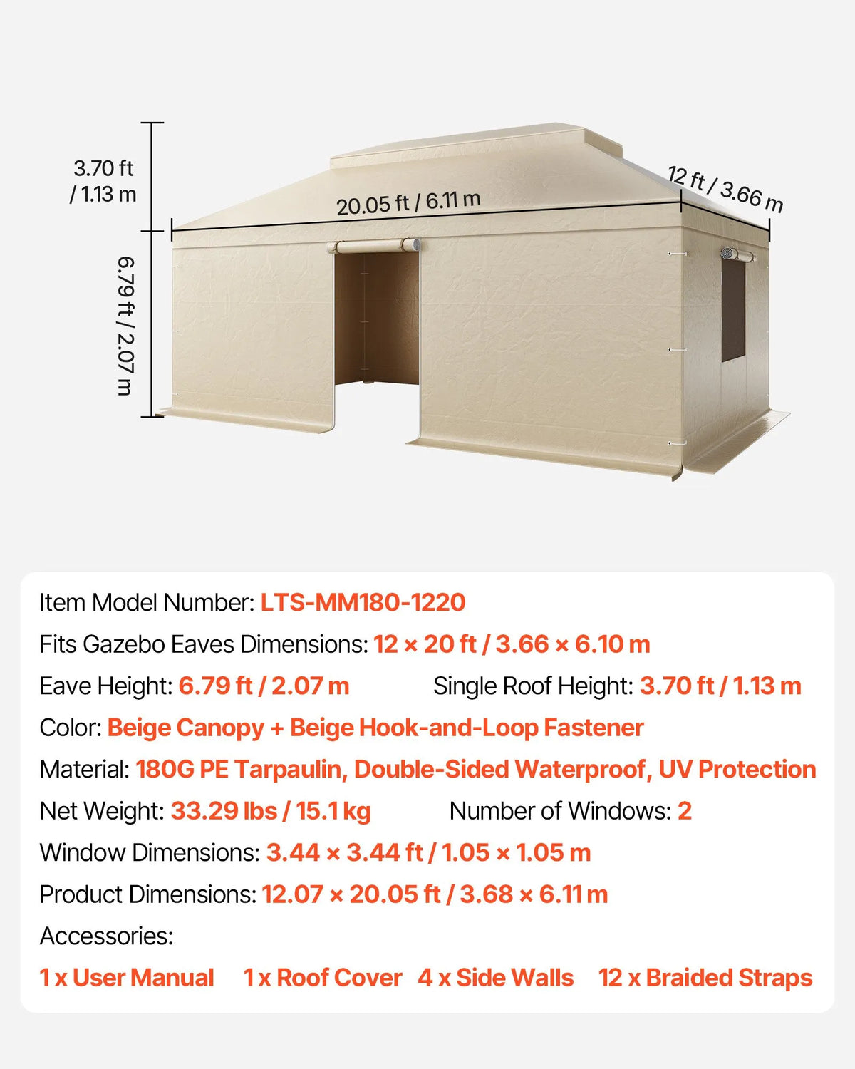 Winter Pavilion Cover for 3.66 × 6.10 m Hard Roof Gazebos, Double-Layer, with Walls and Mesh Windows, High-Density PE Material