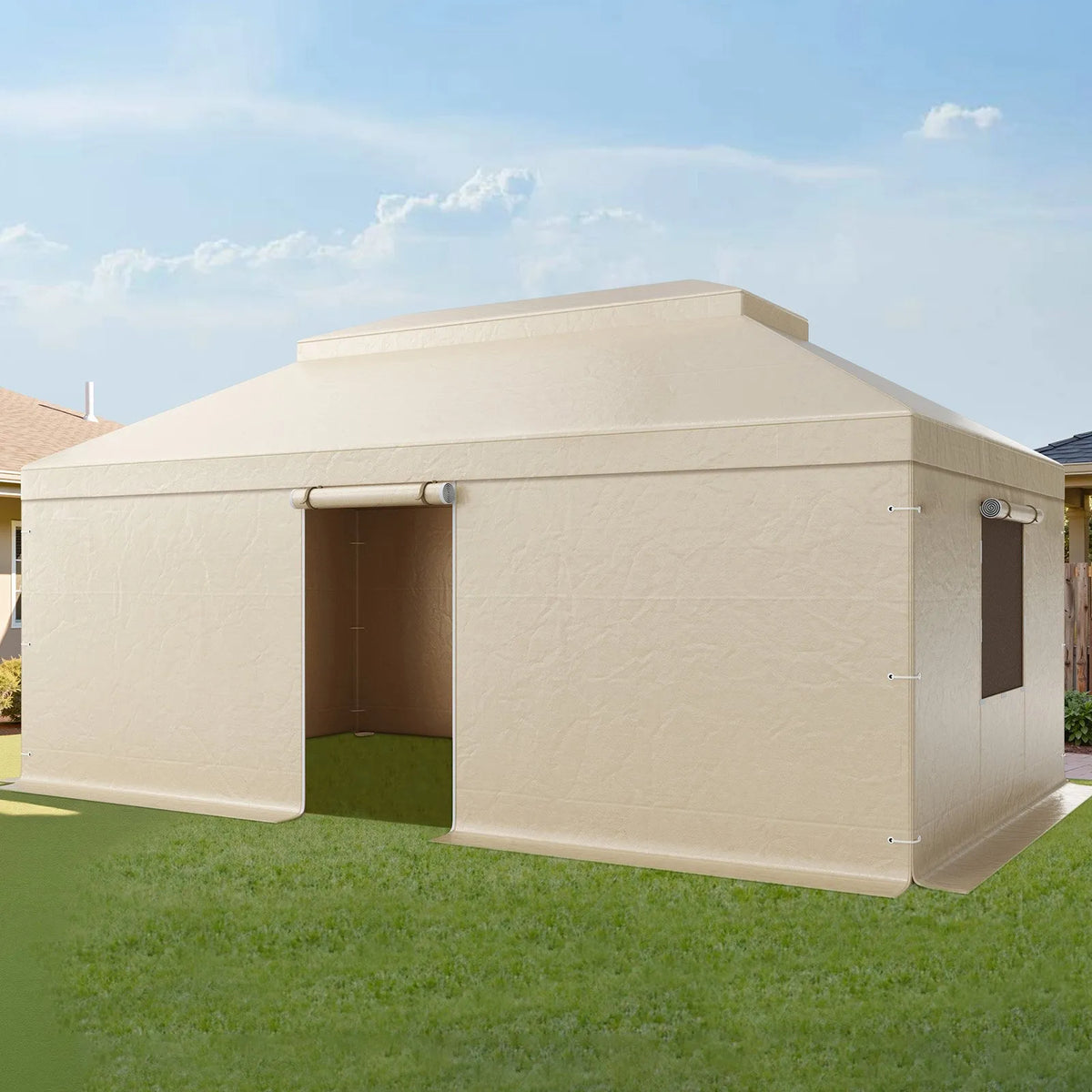 Winter Pavilion Cover for 3.66 × 6.10 m Hard Roof Gazebos, Double-Layer, with Walls and Mesh Windows, High-Density PE Material
