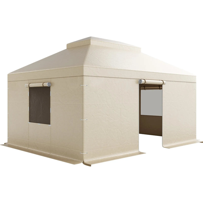 Ziemas paviljona pārsegs, piemērots 3,66 × 4,87 m cietā jumta paviljoniem, divslāņu, ar sienām un logiem, augstas blīvuma PE materiāls