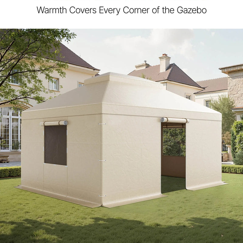 Ziemas paviljona pārsegs, piemērots 3,66 × 4,87 m cietā jumta paviljoniem, divslāņu, ar sienām un logiem, augstas blīvuma PE materiāls