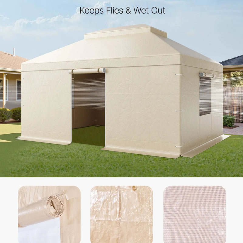 Ziemas paviljona pārsegs, piemērots 3,66 × 4,87 m cietā jumta paviljoniem, divslāņu, ar sienām un logiem, augstas blīvuma PE materiāls