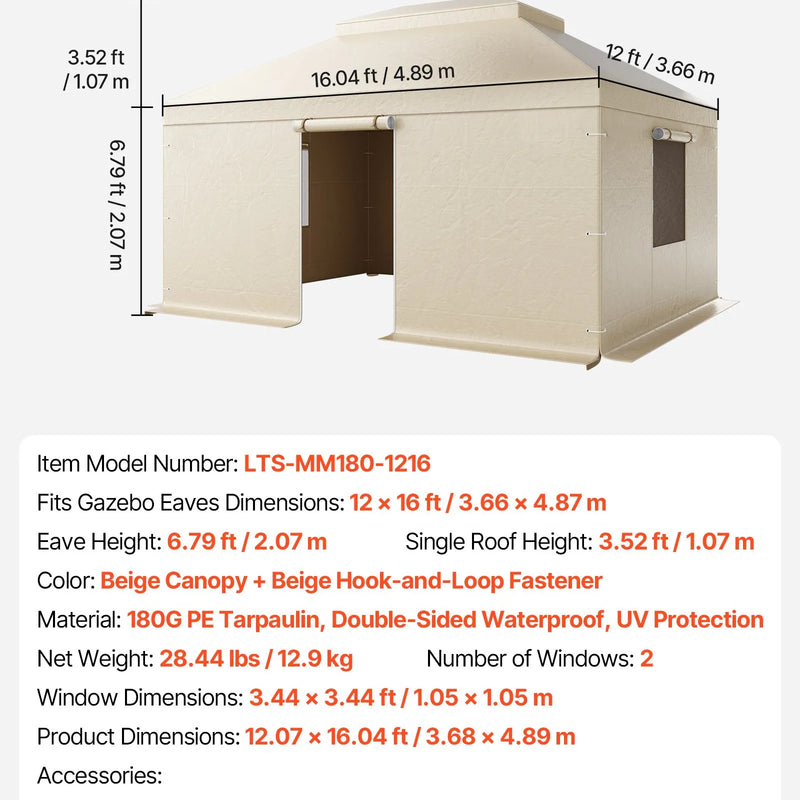 Ziemas paviljona pārsegs, piemērots 3,66 × 4,87 m cietā jumta paviljoniem, divslāņu, ar sienām un logiem, augstas blīvuma PE materiāls