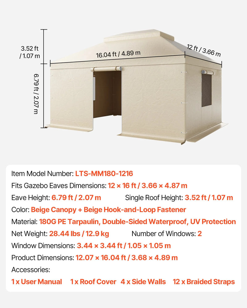 Ziemas paviljona pārsegs, piemērots 3,66 × 4,87 m cietā jumta paviljoniem, divslāņu, ar sienām un logiem, augstas blīvuma PE materiāls