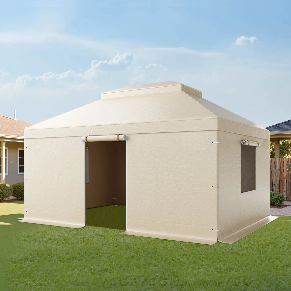 Winter Pavilion Cover for 3.66 × 4.87 m Hard Roof Gazebos, Double-Layer, with Walls and Windows, High-Density PE Material