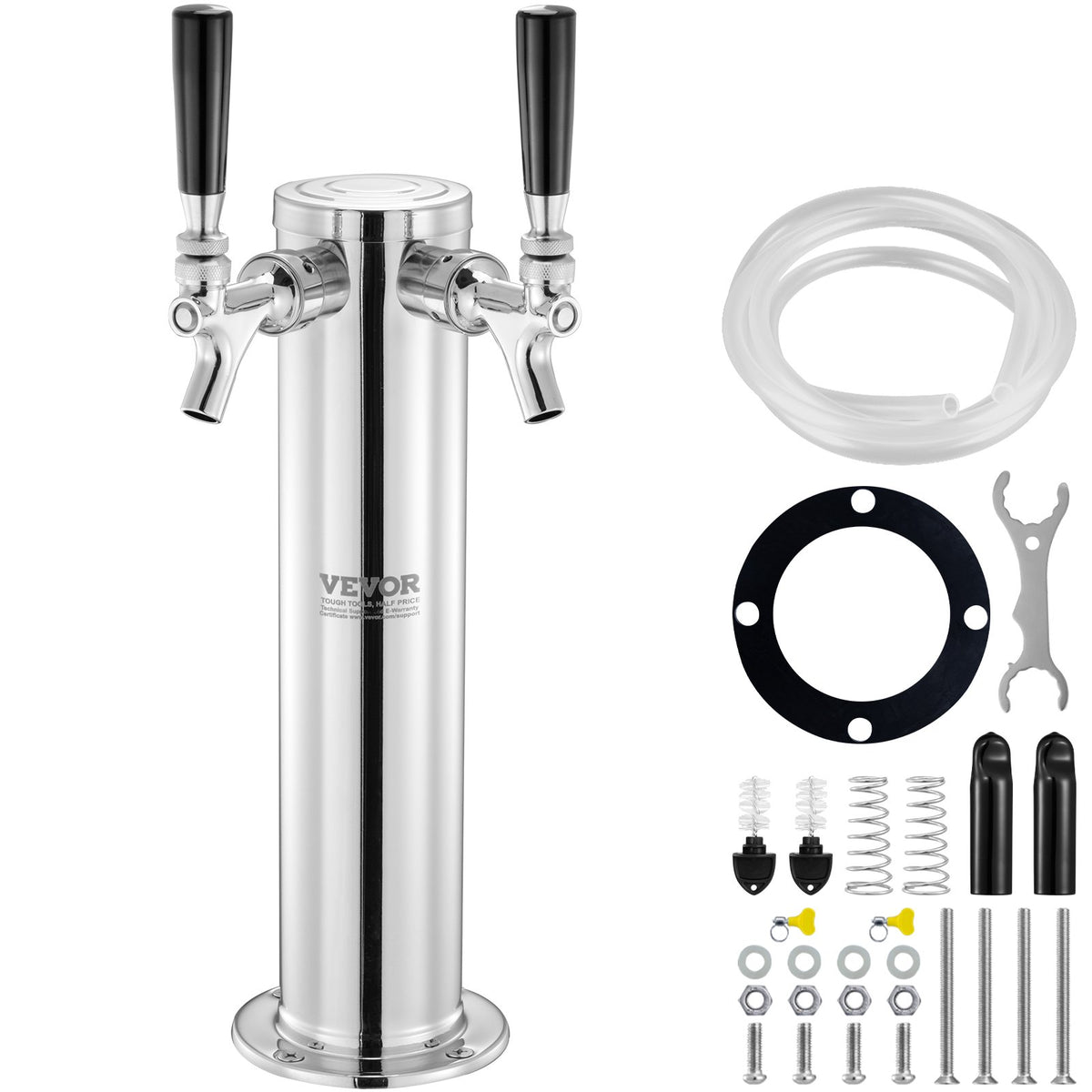 VEVOR Dual Tap Beer Tower with Tubing and Self-Closing Connectors, Stainless Steel Kegerator Kit