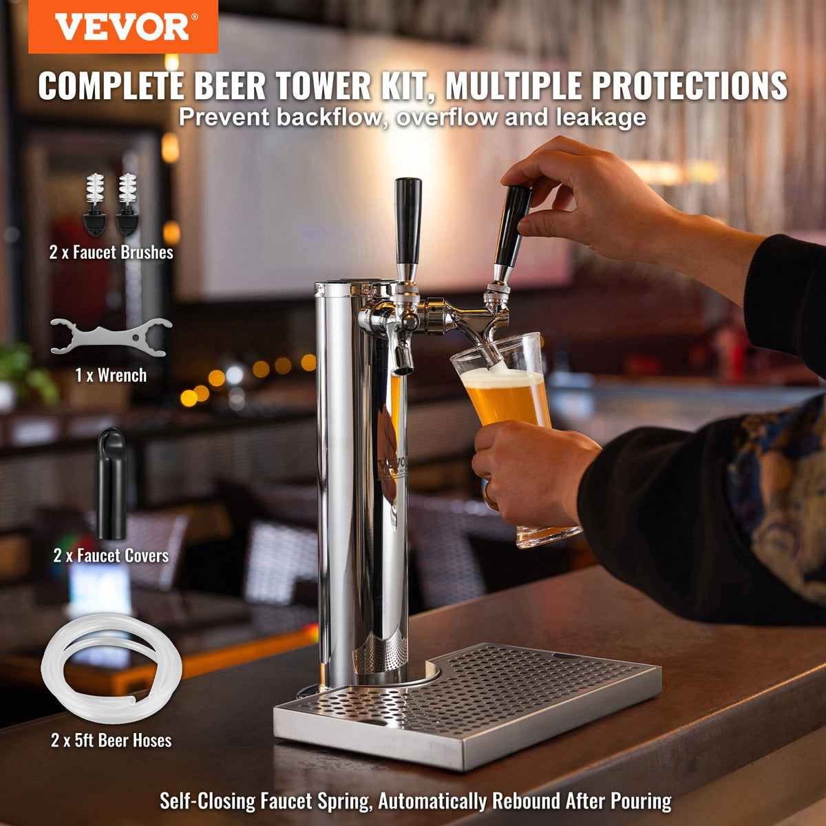 VEVOR Dual Tap Beer Tower with Tubing and Self-Closing Connectors, Stainless Steel Kegerator Kit
