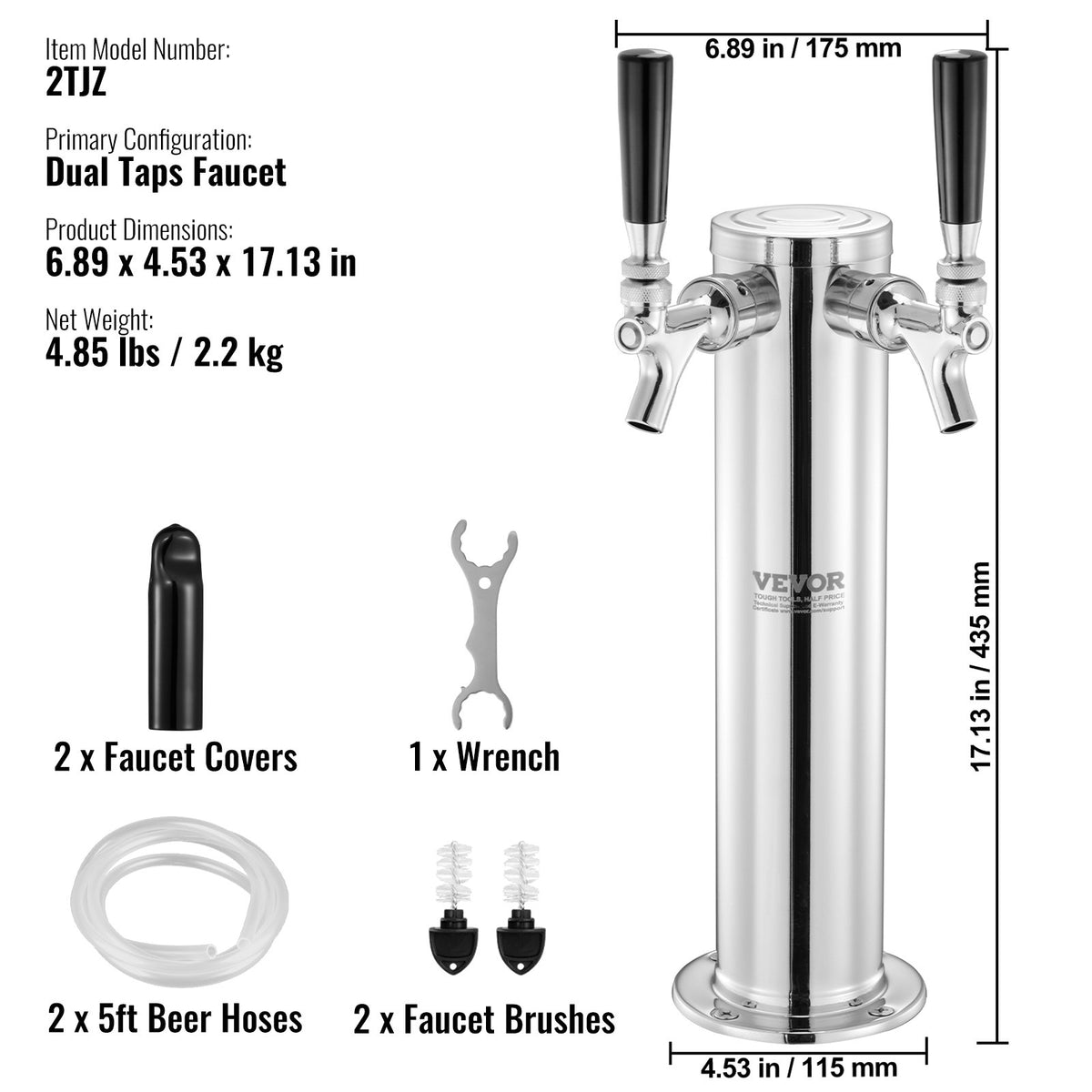 VEVOR Dual Tap Beer Tower with Tubing and Self-Closing Connectors, Stainless Steel Kegerator Kit