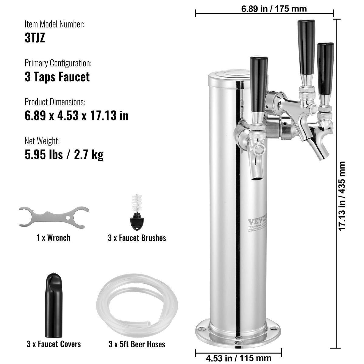 VEVOR Three Tap Beer Tower with Tubing and Self-Closing Connectors, Stainless Steel Kegerator Kit