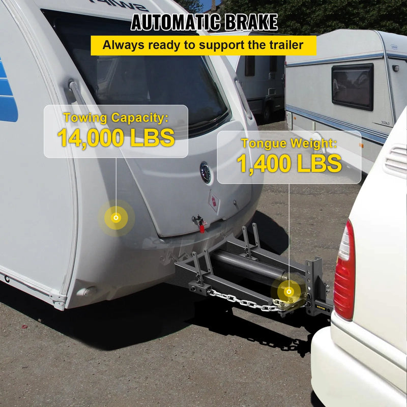 Svara sadales sakabe, 635 kg vertikālās slodzes kapacitāte, slodzes izlīdzinoša sakabe ar šūpošanās kontroli, 59 mm lodveida savienojums, 102 mm pacēlums/nolaišana, 4 ķēdes un universāls rāmja kronšteins, stabila piekabes vilkšana bez šūpošanās