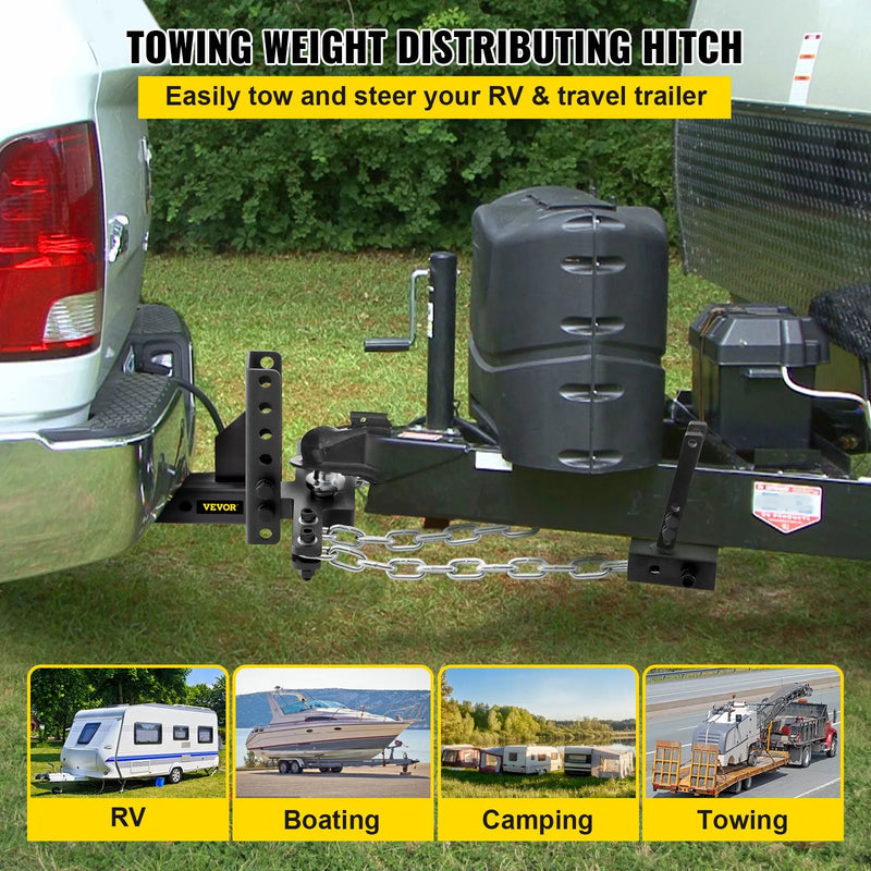 Svara sadales sakabe, 454 kg vertikālās slodzes ietilpība, slodzes izlīdzinoša sakabe ar šūpošanās kontroli, 50 mm lodveida savienojums, 100 mm pacēlums/nolaišana, 4 ķēdes un universāls rāmja kronšteins, stabila piekabes vilkšana bez šūpošanās.