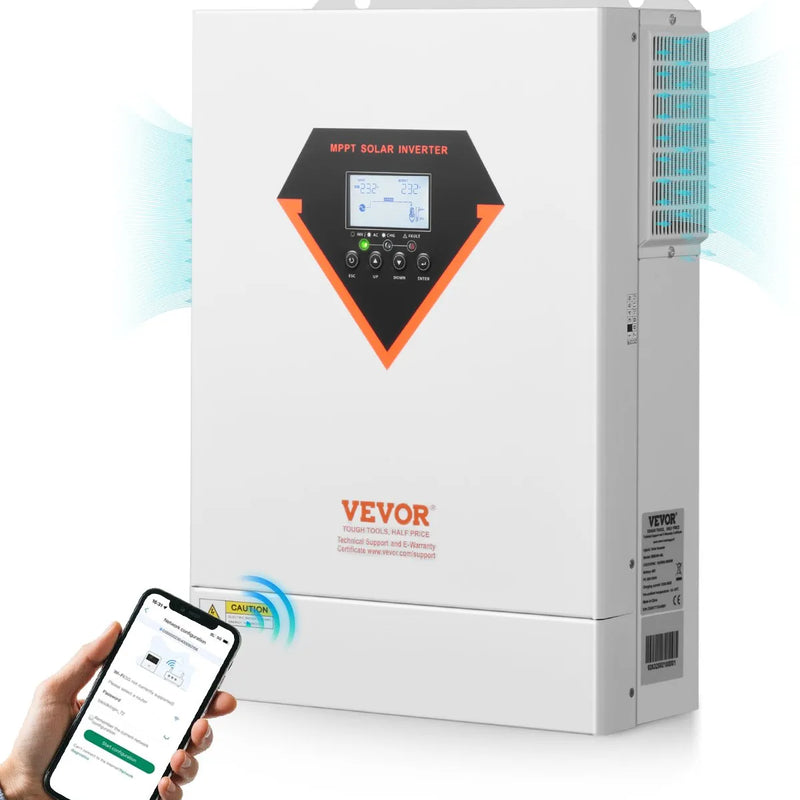 VEVOR hibrīdais saules invertors 6000 W, viss vienā tīras sinusoidās strāvas invertors–lādētājs, 48 V DC uz vienfāzes 220–230 V AC, ar iebūvētu 120 A MPPT saules kontrolieri, paredzēts autonomām sistēmām ar svina-skābes un litija akumulatoriem