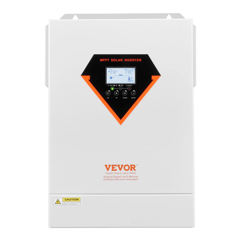 VEVOR hibrīdais saules invertors 6000 W, viss vienā tīras sinusoidās strāvas invertors–lādētājs, 48 V DC uz vienfāzes 220–230 V AC, ar iebūvētu 120 A MPPT saules kontrolieri, paredzēts autonomām sistēmām ar svina-skābes un litija akumulatoriem