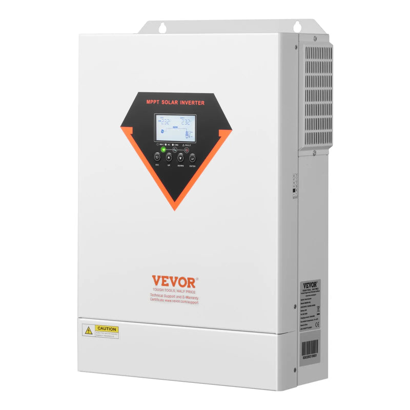 VEVOR hibrīdais saules invertors 6000 W, viss vienā tīras sinusoidās strāvas invertors–lādētājs, 48 V DC uz vienfāzes 220–230 V AC, ar iebūvētu 120 A MPPT saules kontrolieri, paredzēts autonomām sistēmām ar svina-skābes un litija akumulatoriem