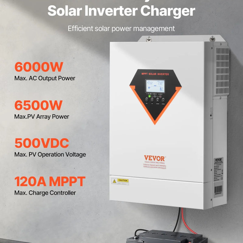VEVOR hibrīdais saules invertors 6000 W, viss vienā tīras sinusoidās strāvas invertors–lādētājs, 48 V DC uz vienfāzes 220–230 V AC, ar iebūvētu 120 A MPPT saules kontrolieri, paredzēts autonomām sistēmām ar svina-skābes un litija akumulatoriem