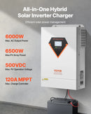 VEVOR hibrīdais saules invertors 6000 W, viss vienā tīras sinusoidās strāvas invertors–lādētājs, 48 V DC uz vienfāzes 220–230 V AC, ar iebūvētu 120 A MPPT saules kontrolieri, paredzēts autonomām sistēmām ar svina-skābes un litija akumulatoriem
