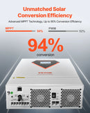 VEVOR hibrīdais saules invertors 6000 W, viss vienā tīras sinusoidās strāvas invertors–lādētājs, 48 V DC uz vienfāzes 220–230 V AC, ar iebūvētu 120 A MPPT saules kontrolieri, paredzēts autonomām sistēmām ar svina-skābes un litija akumulatoriem