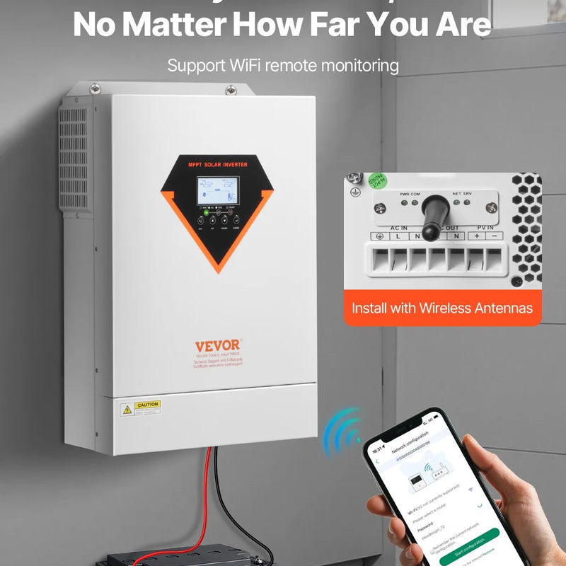 VEVOR hibrīdais saules invertors 6000 W, viss vienā tīras sinusoidās strāvas invertors–lādētājs, 48 V DC uz vienfāzes 220–230 V AC, ar iebūvētu 120 A MPPT saules kontrolieri, paredzēts autonomām sistēmām ar svina-skābes un litija akumulatoriem