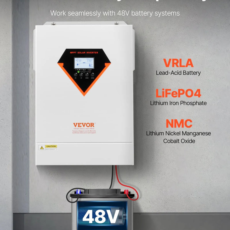 VEVOR hibrīdais saules invertors 6000 W, viss vienā tīras sinusoidās strāvas invertors–lādētājs, 48 V DC uz vienfāzes 220–230 V AC, ar iebūvētu 120 A MPPT saules kontrolieri, paredzēts autonomām sistēmām ar svina-skābes un litija akumulatoriem