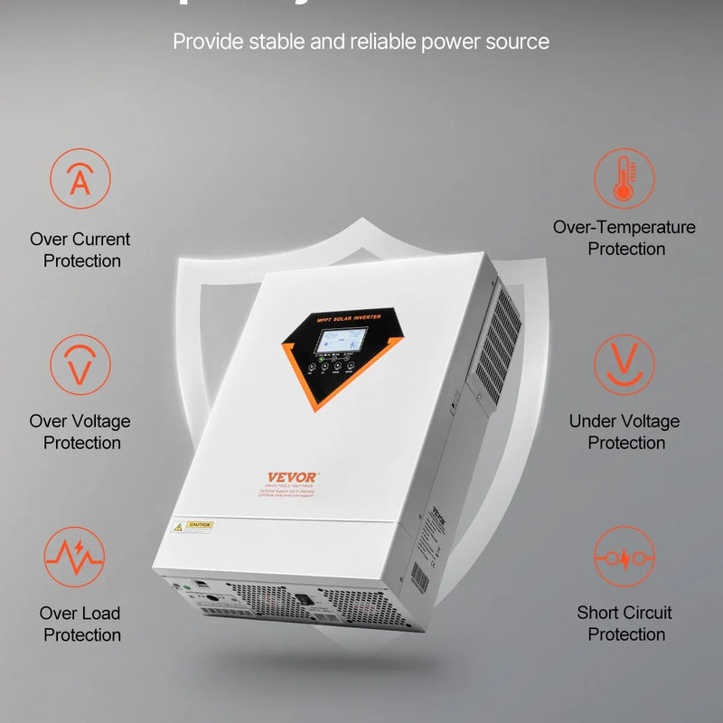 VEVOR hibrīdais saules invertors 6000 W, viss vienā tīras sinusoidās strāvas invertors–lādētājs, 48 V DC uz vienfāzes 220–230 V AC, ar iebūvētu 120 A MPPT saules kontrolieri, paredzēts autonomām sistēmām ar svina-skābes un litija akumulatoriem