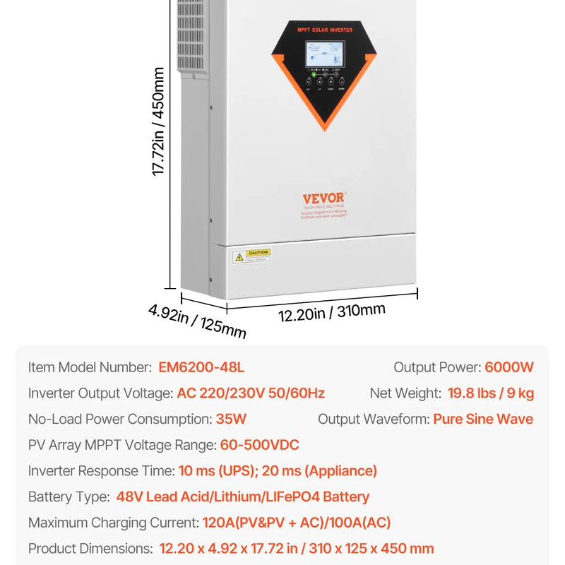 VEVOR hibrīdais saules invertors 6000 W, viss vienā tīras sinusoidās strāvas invertors–lādētājs, 48 V DC uz vienfāzes 220–230 V AC, ar iebūvētu 120 A MPPT saules kontrolieri, paredzēts autonomām sistēmām ar svina-skābes un litija akumulatoriem