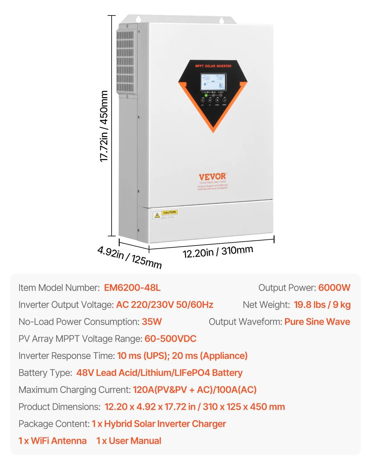 VEVOR Hybrid Inverter 6000W — 48V, MPPT 120A