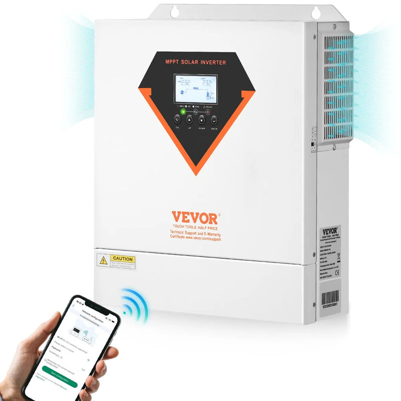 VEVOR hibrīdais saules invertors 3500 W, viss vienā tīras sinusoidās strāvas invertors–lādētājs, 24 V DC uz vienfāzes 220–230 V AC, ar iebūvētu 100 A MPPT saules kontrolieri, paredzēts autonomām sistēmām ar svina-skābes un litija akumulatoriem