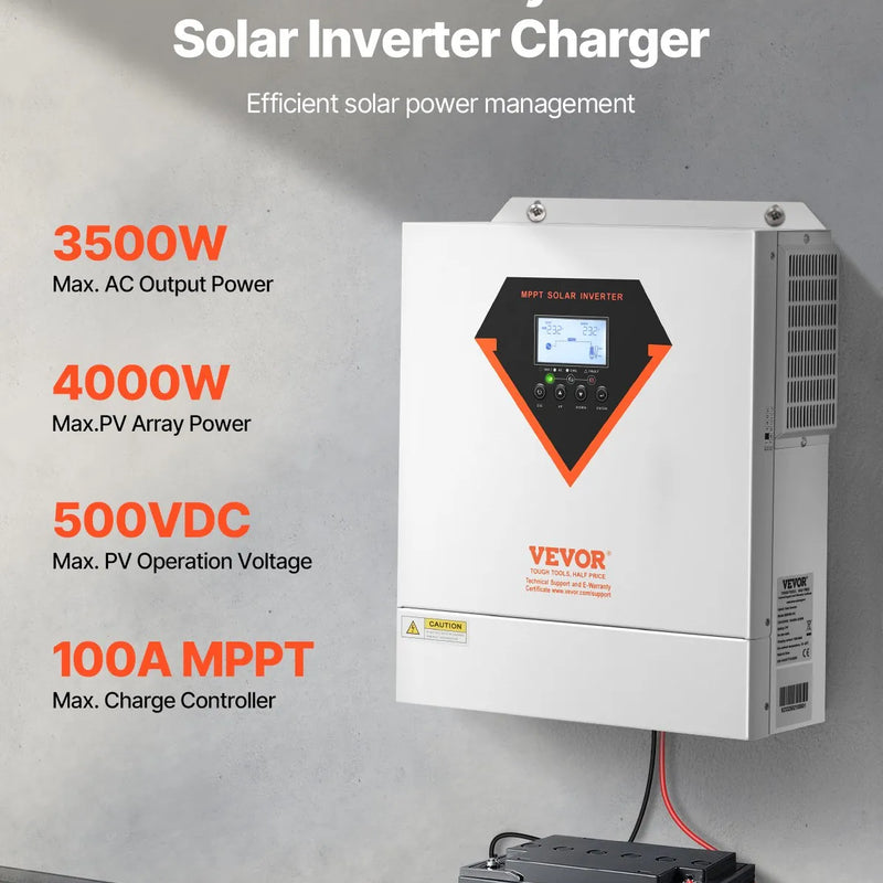 VEVOR hibrīdais saules invertors 3500 W, viss vienā tīras sinusoidās strāvas invertors–lādētājs, 24 V DC uz vienfāzes 220–230 V AC, ar iebūvētu 100 A MPPT saules kontrolieri, paredzēts autonomām sistēmām ar svina-skābes un litija akumulatoriem