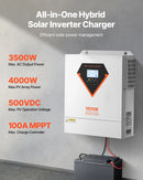 VEVOR hibrīdais saules invertors 3500 W, viss vienā tīras sinusoidās strāvas invertors–lādētājs, 24 V DC uz vienfāzes 220–230 V AC, ar iebūvētu 100 A MPPT saules kontrolieri, paredzēts autonomām sistēmām ar svina-skābes un litija akumulatoriem