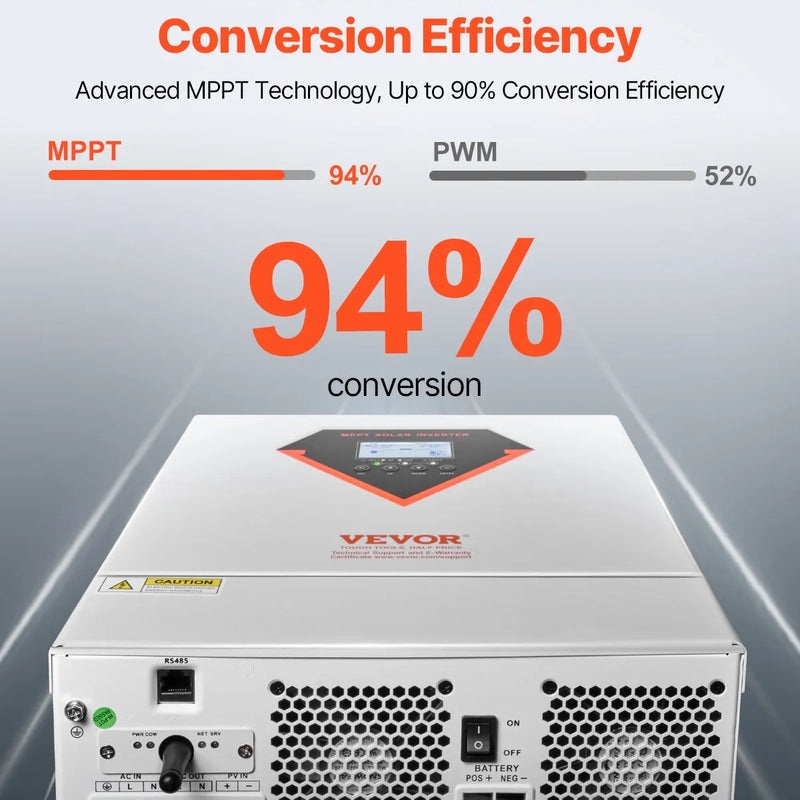 VEVOR hibrīdais saules invertors 3500 W, viss vienā tīras sinusoidās strāvas invertors–lādētājs, 24 V DC uz vienfāzes 220–230 V AC, ar iebūvētu 100 A MPPT saules kontrolieri, paredzēts autonomām sistēmām ar svina-skābes un litija akumulatoriem