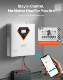 VEVOR hibrīdais saules invertors 3500 W, viss vienā tīras sinusoidās strāvas invertors–lādētājs, 24 V DC uz vienfāzes 220–230 V AC, ar iebūvētu 100 A MPPT saules kontrolieri, paredzēts autonomām sistēmām ar svina-skābes un litija akumulatoriem