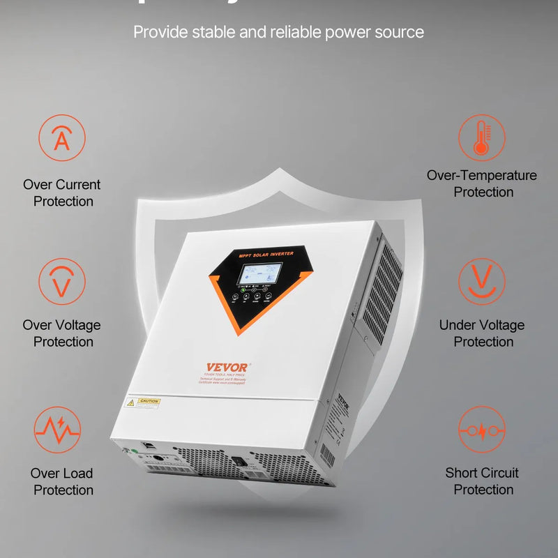 VEVOR hibrīdais saules invertors 3500 W, viss vienā tīras sinusoidās strāvas invertors–lādētājs, 24 V DC uz vienfāzes 220–230 V AC, ar iebūvētu 100 A MPPT saules kontrolieri, paredzēts autonomām sistēmām ar svina-skābes un litija akumulatoriem