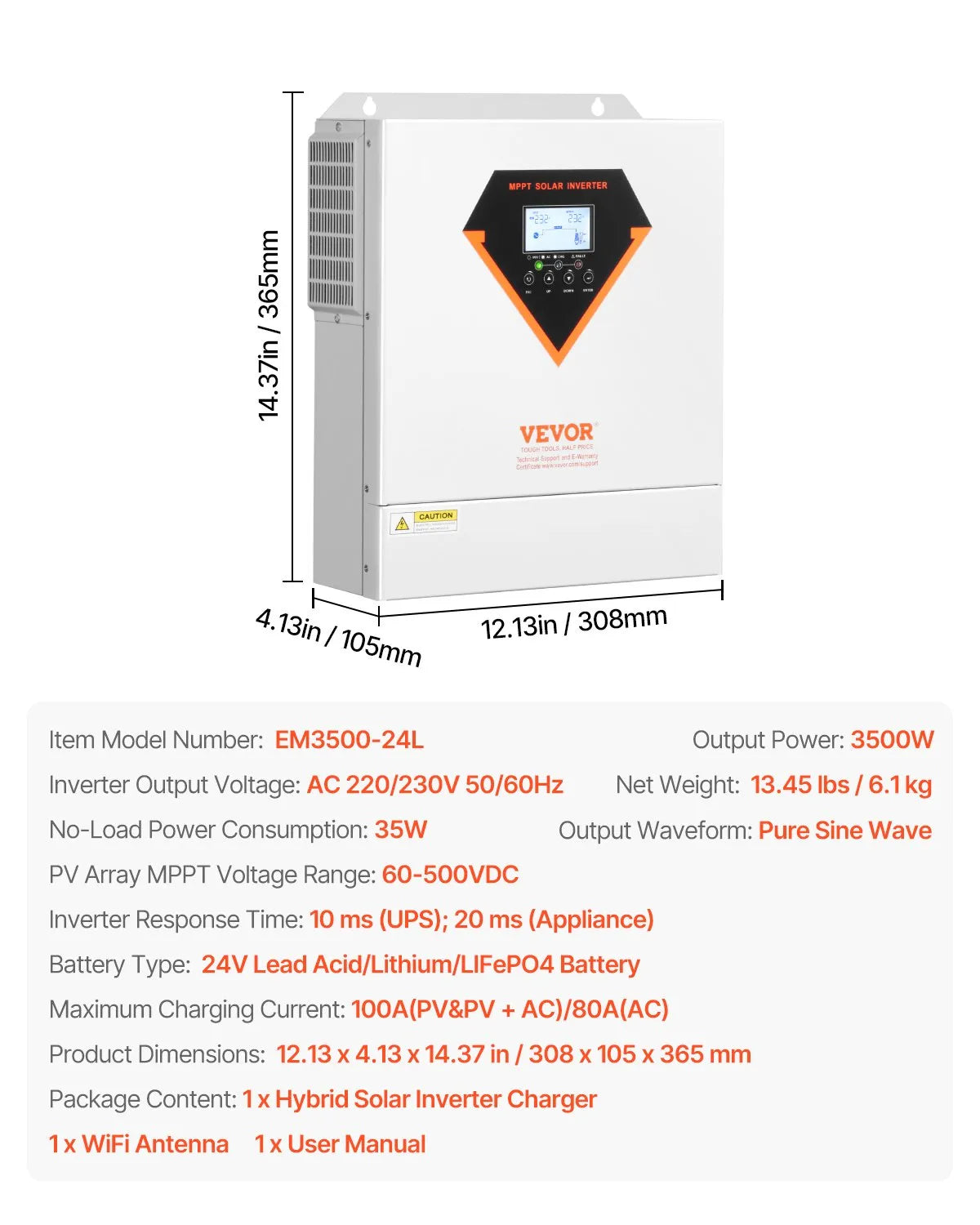 VEVOR Hybrid Inverter 3500W — 24V, MPPT 100A