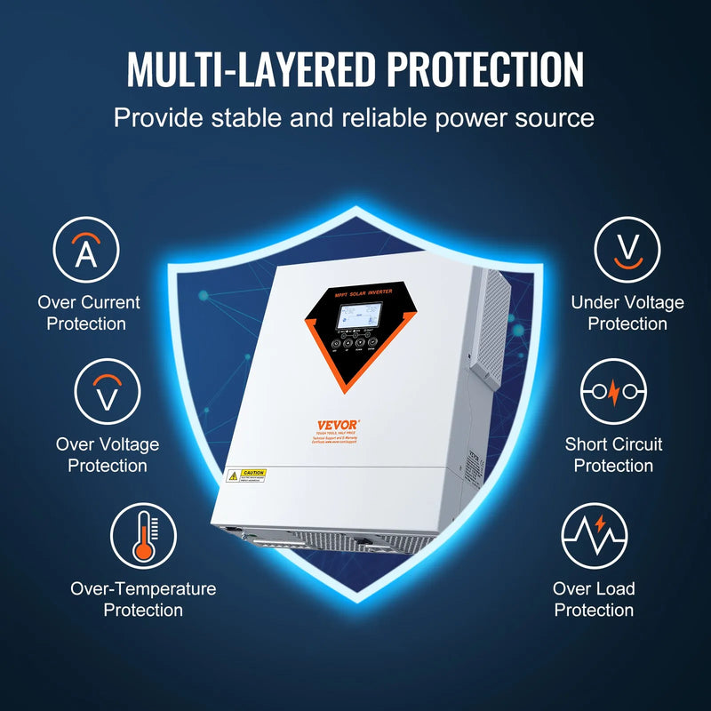 VEVOR hibrīdais saules invertors, 3500 W, tīra sinusa autonomais invertors-lādētājs, 230 V AC “viss vienā” jaudas invertors ar iebūvētu 60 A MPPT saules uzlādes kontrolieri, atbalsta hibrīdo uzlādi no saules un elektrotīkla