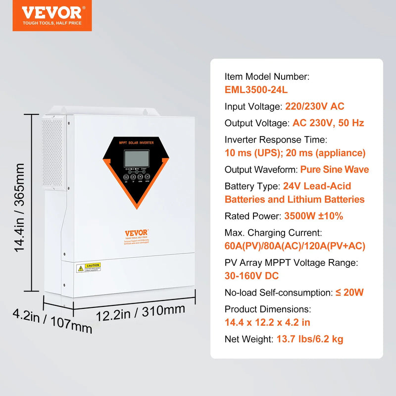 VEVOR hibrīdais saules invertors, 3500 W, tīra sinusa autonomais invertors-lādētājs, 230 V AC “viss vienā” jaudas invertors ar iebūvētu 60 A MPPT saules uzlādes kontrolieri, atbalsta hibrīdo uzlādi no saules un elektrotīkla