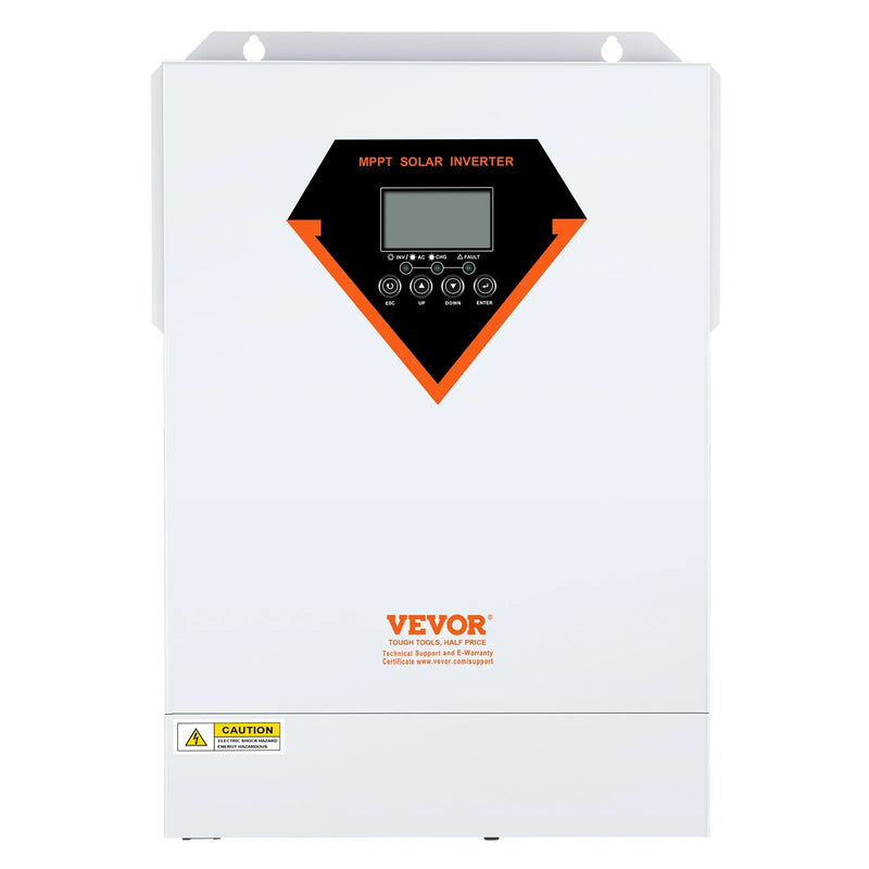 VEVOR hibrīdais saules invertors, 5500 W, tīra sinusoīda autonomais (off-grid) invertors-lādētājs, 230 V maiņstrāva, viss vienā risinājums ar iebūvētu 100 A MPPT saules uzlādes kontrolieri, atbalsta hibrīdo uzlādi no saules enerģijas un elektrotīkla.