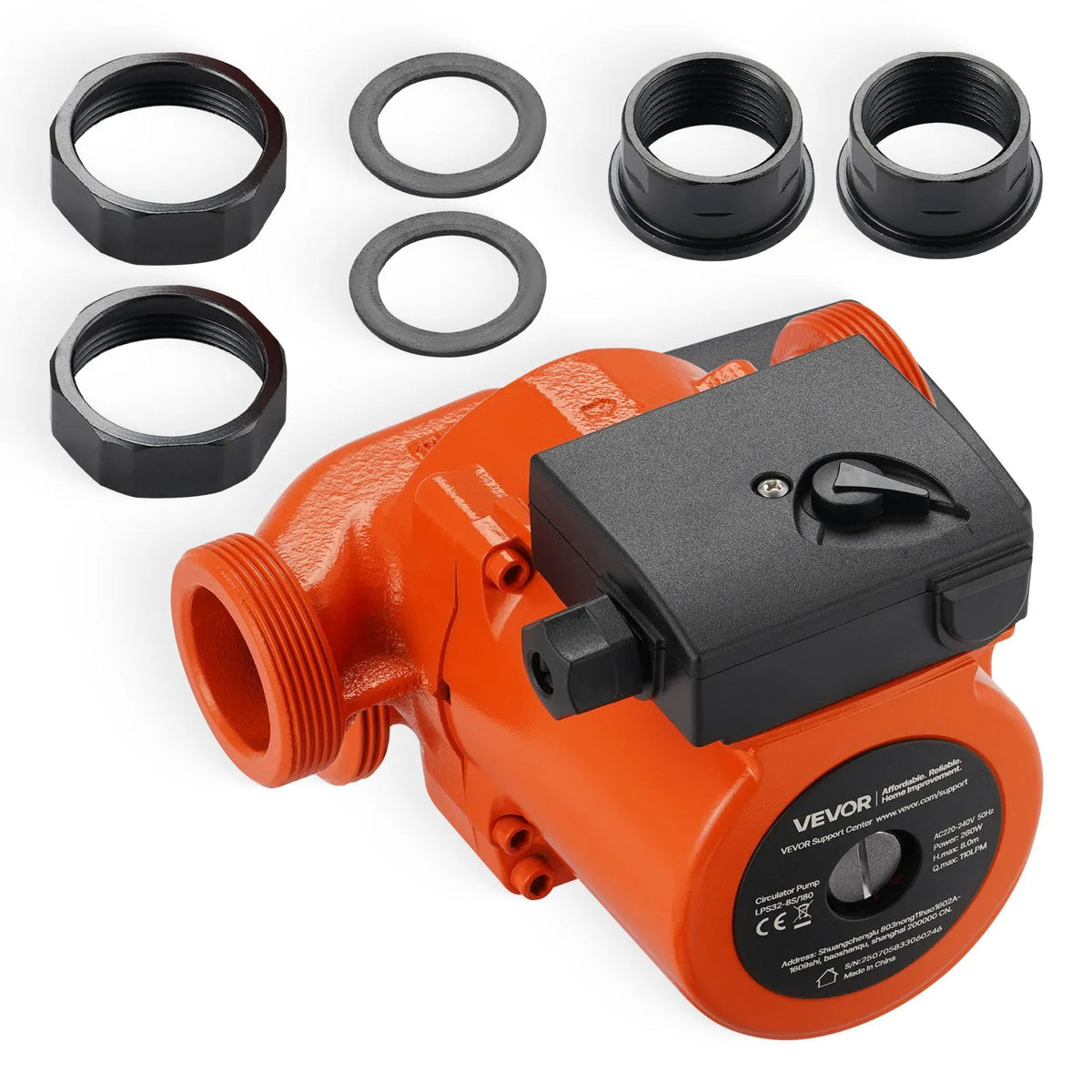 VEVOR LPS32-8S/180 Cast Iron Circulation Pump, 0.28 kW Power, 220–240 V, Flow up to 110 l/min, Hot Water Recirculation Pump with Threaded Connection, 3-Speed Control, Quiet Operation for Home Heating Systems