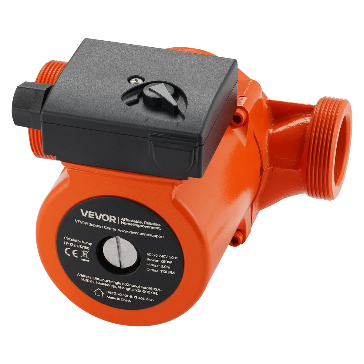 VEVOR LPS32-8S/180 Cast Iron Circulation Pump, 0.28 kW Power, 220–240 V, Flow up to 110 l/min, Hot Water Recirculation Pump with Threaded Connection, 3-Speed Control, Quiet Operation for Home Heating Systems