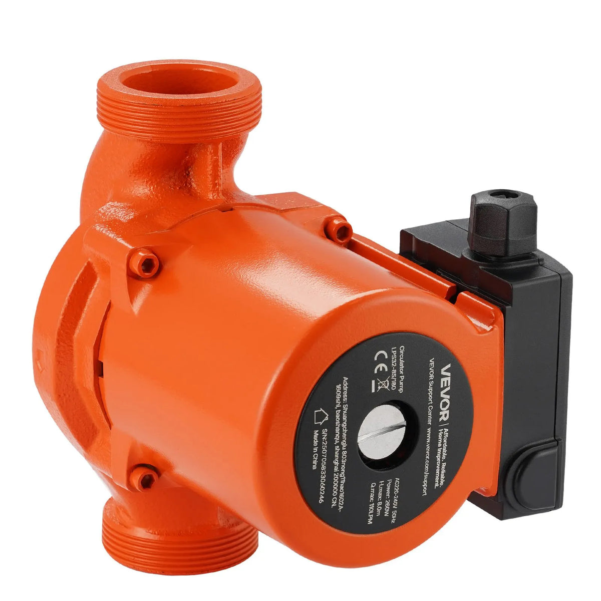 VEVOR LPS32-8S/180 Cast Iron Circulation Pump, 0.28 kW Power, 220–240 V, Flow up to 110 l/min, Hot Water Recirculation Pump with Threaded Connection, 3-Speed Control, Quiet Operation for Home Heating Systems