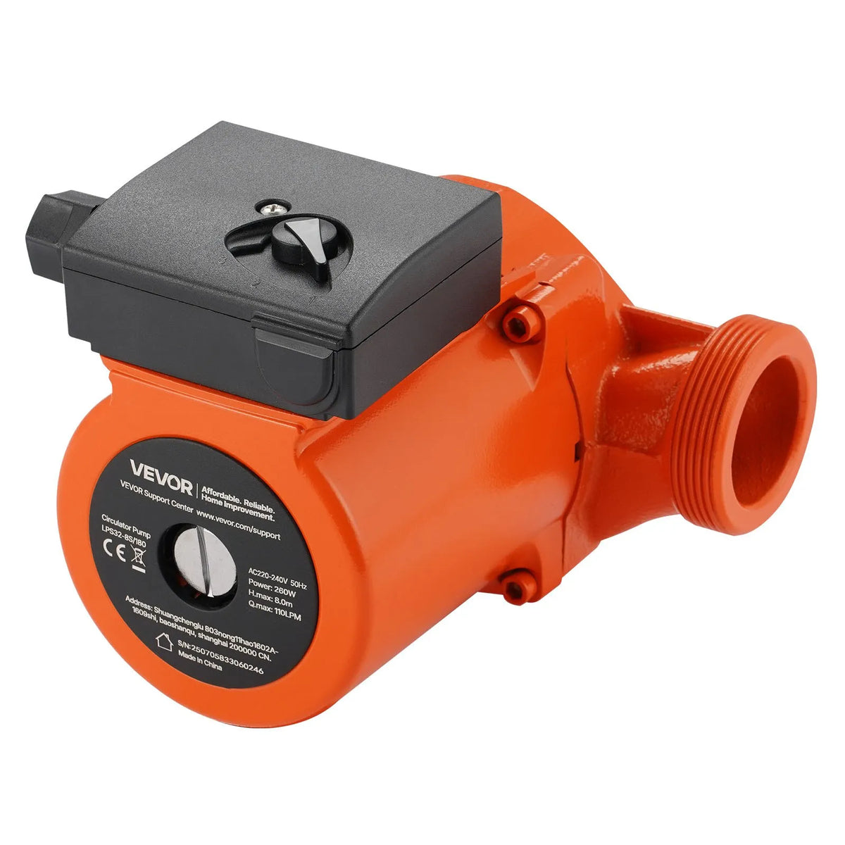 VEVOR LPS32-8S/180 Cast Iron Circulation Pump, 0.28 kW Power, 220–240 V, Flow up to 110 l/min, Hot Water Recirculation Pump with Threaded Connection, 3-Speed Control, Quiet Operation for Home Heating Systems