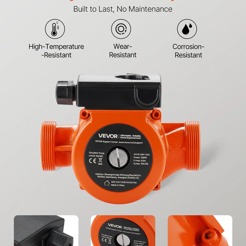 VEVOR LPS32-8S/180 čuguna cirkulācijas sūknis, jauda 0,28 kW, 220–240 V, plūsma līdz 110 l/min, karstā ūdens recirkulācijas sūknis ar vītņotu pieslēgumu, 3 ātrumu regulēšana, klusa darbība mājas apkures sistēmām