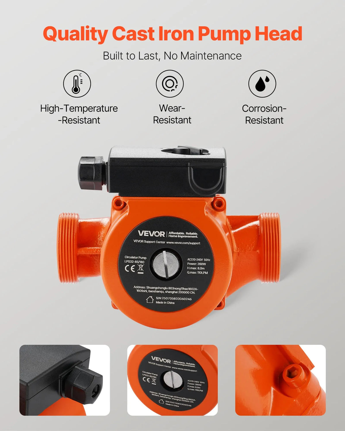 VEVOR LPS32-8S/180 Cast Iron Circulation Pump, 0.28 kW Power, 220–240 V, Flow up to 110 l/min, Hot Water Recirculation Pump with Threaded Connection, 3-Speed Control, Quiet Operation for Home Heating Systems