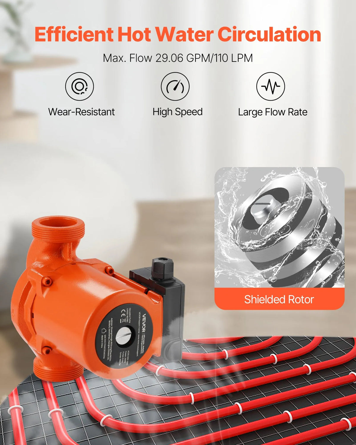 VEVOR LPS32-8S/180 Cast Iron Circulation Pump, 0.28 kW Power, 220–240 V, Flow up to 110 l/min, Hot Water Recirculation Pump with Threaded Connection, 3-Speed Control, Quiet Operation for Home Heating Systems