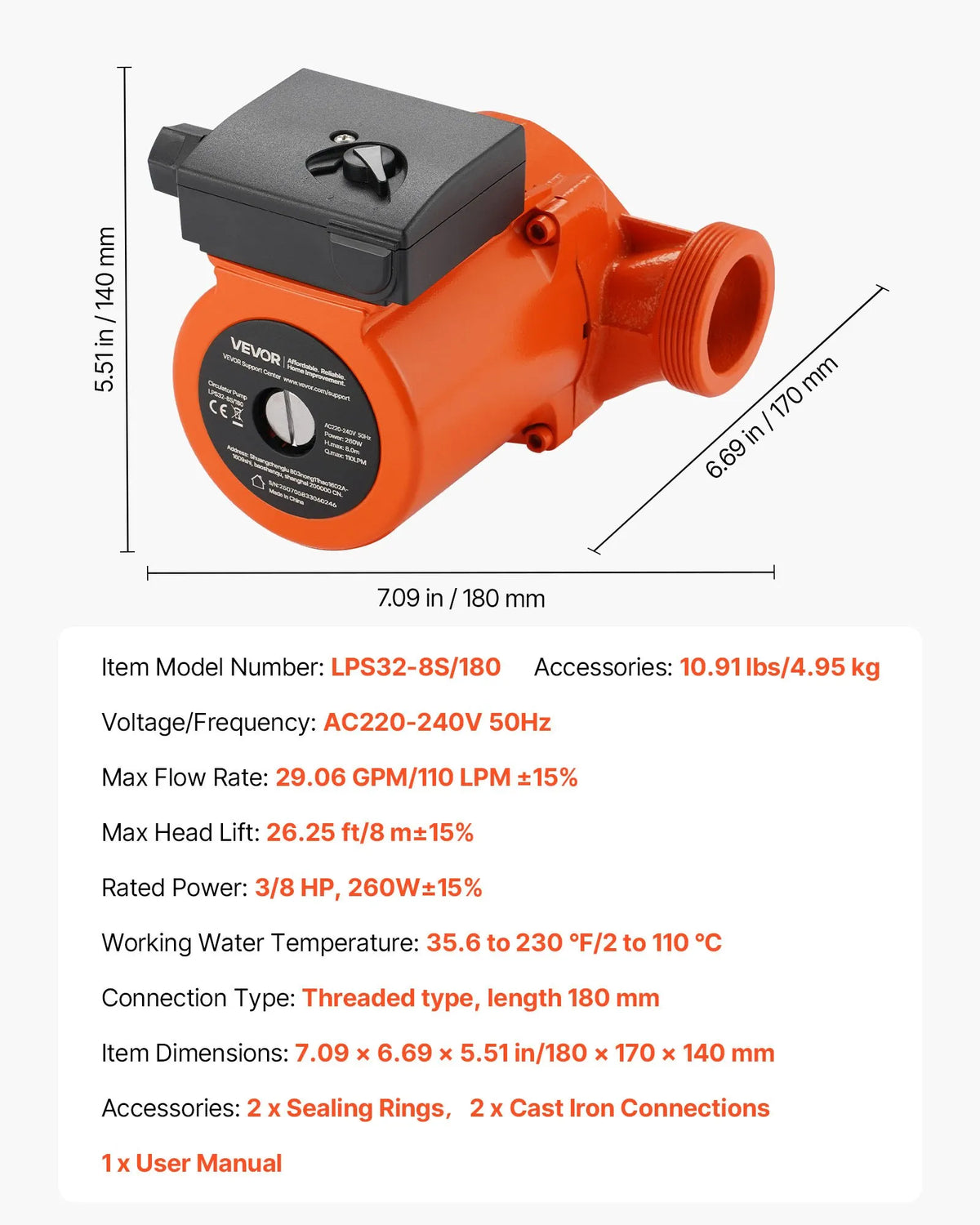 VEVOR LPS32-8S/180 Cast Iron Circulation Pump, 0.28 kW Power, 220–240 V, Flow up to 110 l/min, Hot Water Recirculation Pump with Threaded Connection, 3-Speed Control, Quiet Operation for Home Heating Systems