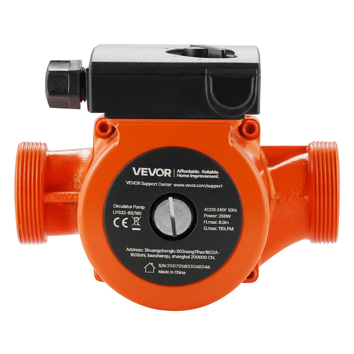 VEVOR LPS32-8S/180 Cast Iron Circulation Pump, 0.28 kW Power, 220–240 V, Flow up to 110 l/min, Hot Water Recirculation Pump with Threaded Connection, 3-Speed Control, Quiet Operation for Home Heating Systems