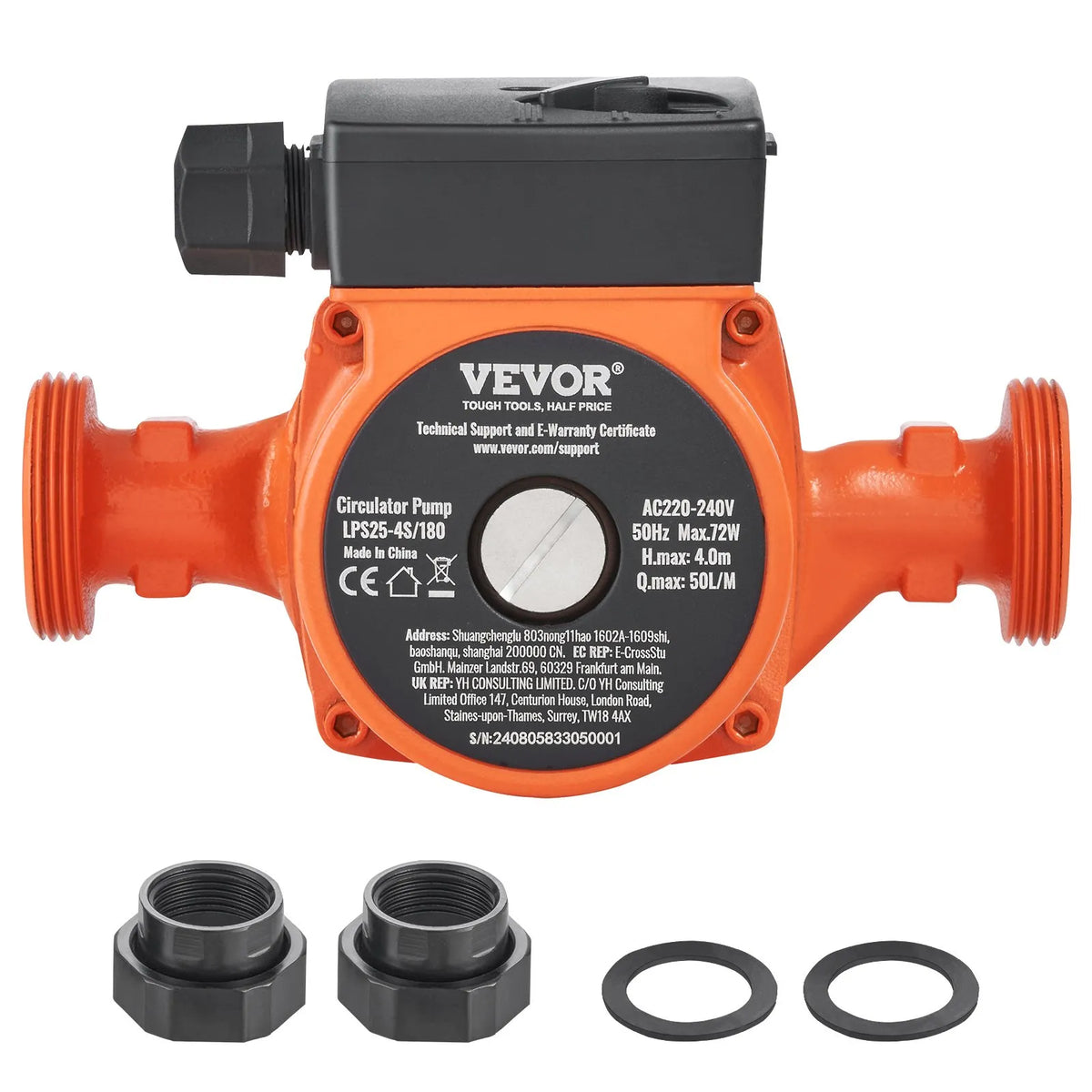 VEVOR LPS25-4S-180 hot water circulation pump, 220 V, 72 W, 50 l/min, 3-speed circulation pump with 38 mm NPT threaded connection, quiet operation for home water heater systems